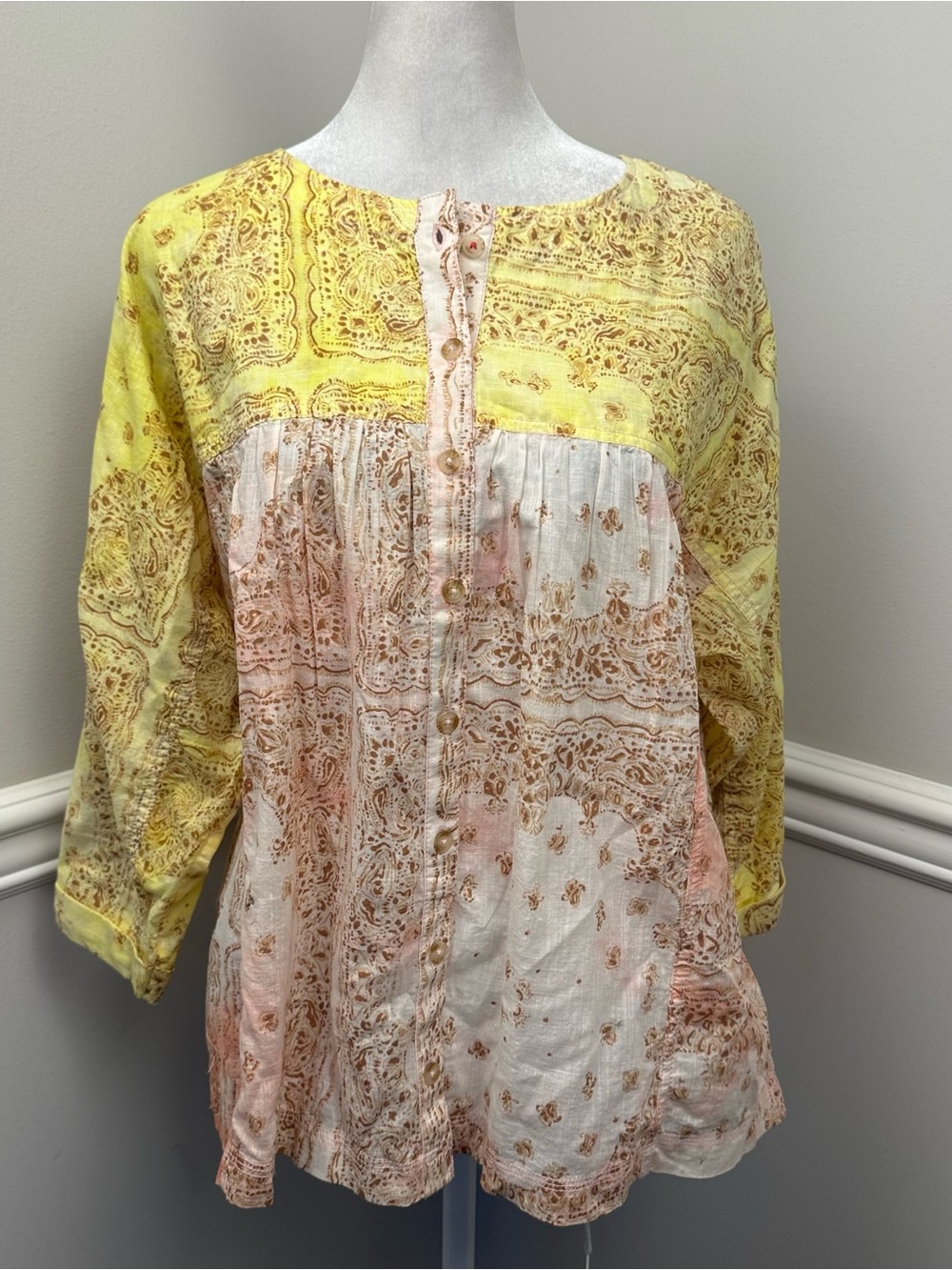 Pilcro by Anthropologie Yellow Cream and Pink Boho Button-Front Blouse XS